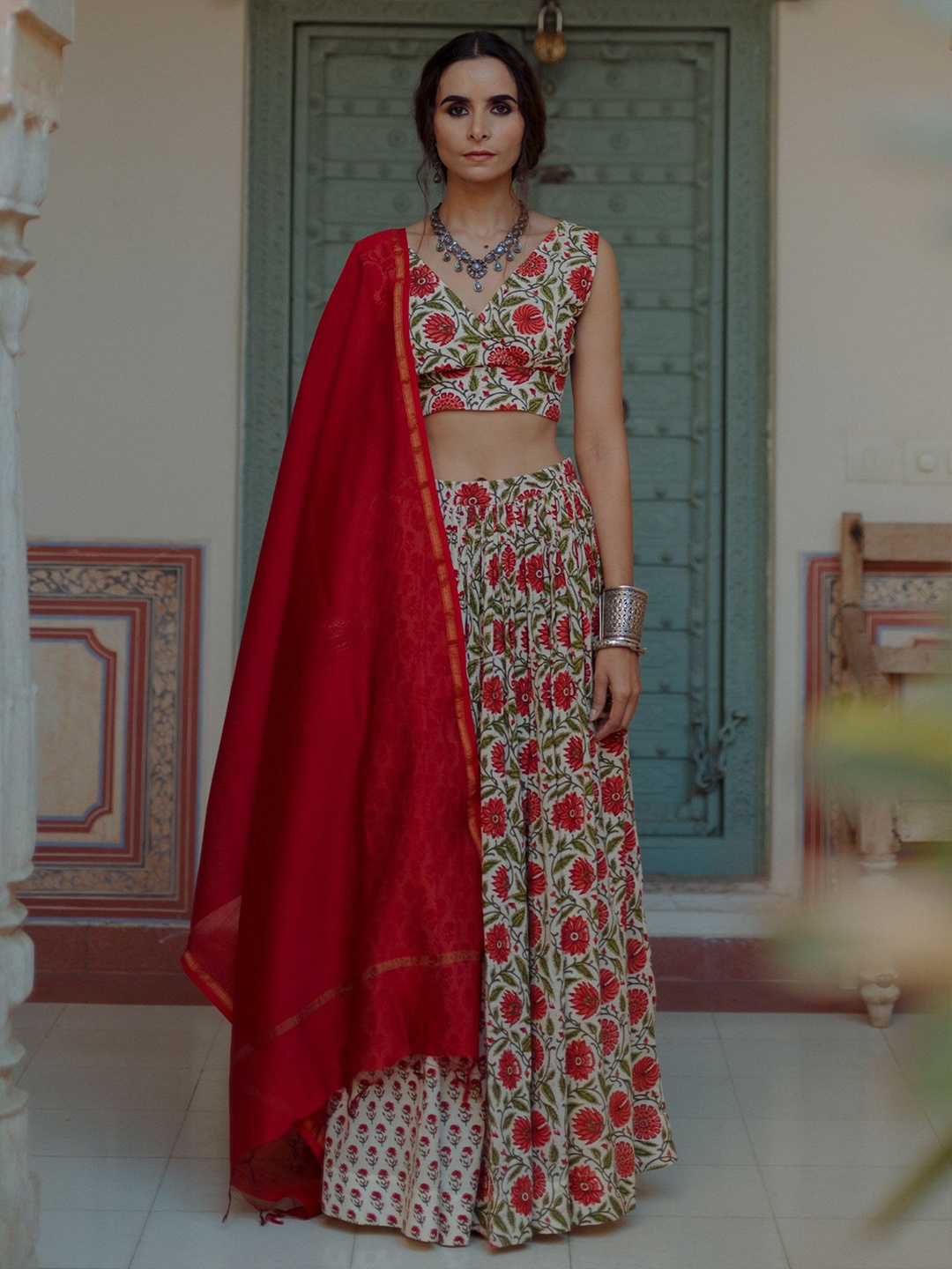 

BAARO MASI Floral Block Print Ready to Wear Lehenga & Blouse With Dupatta, Red