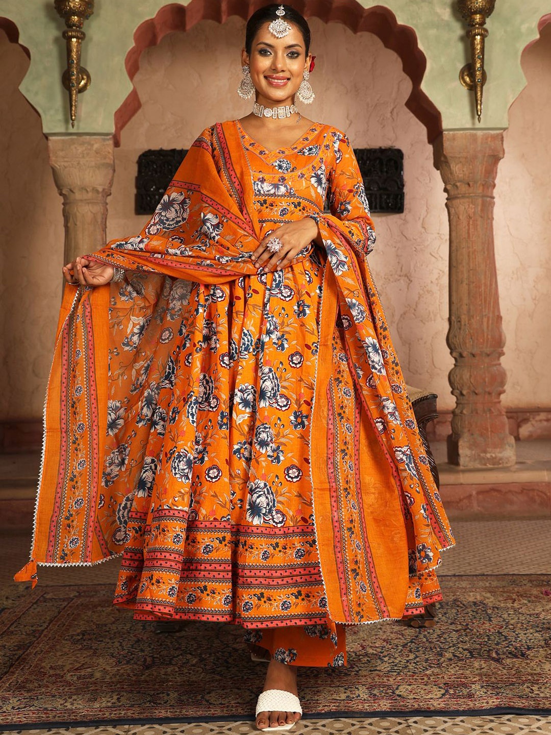 

KIMAYRA Floral Printed Pure Cotton V-Neck Anarkali Kurta With Palazzos & Dupatta, Orange