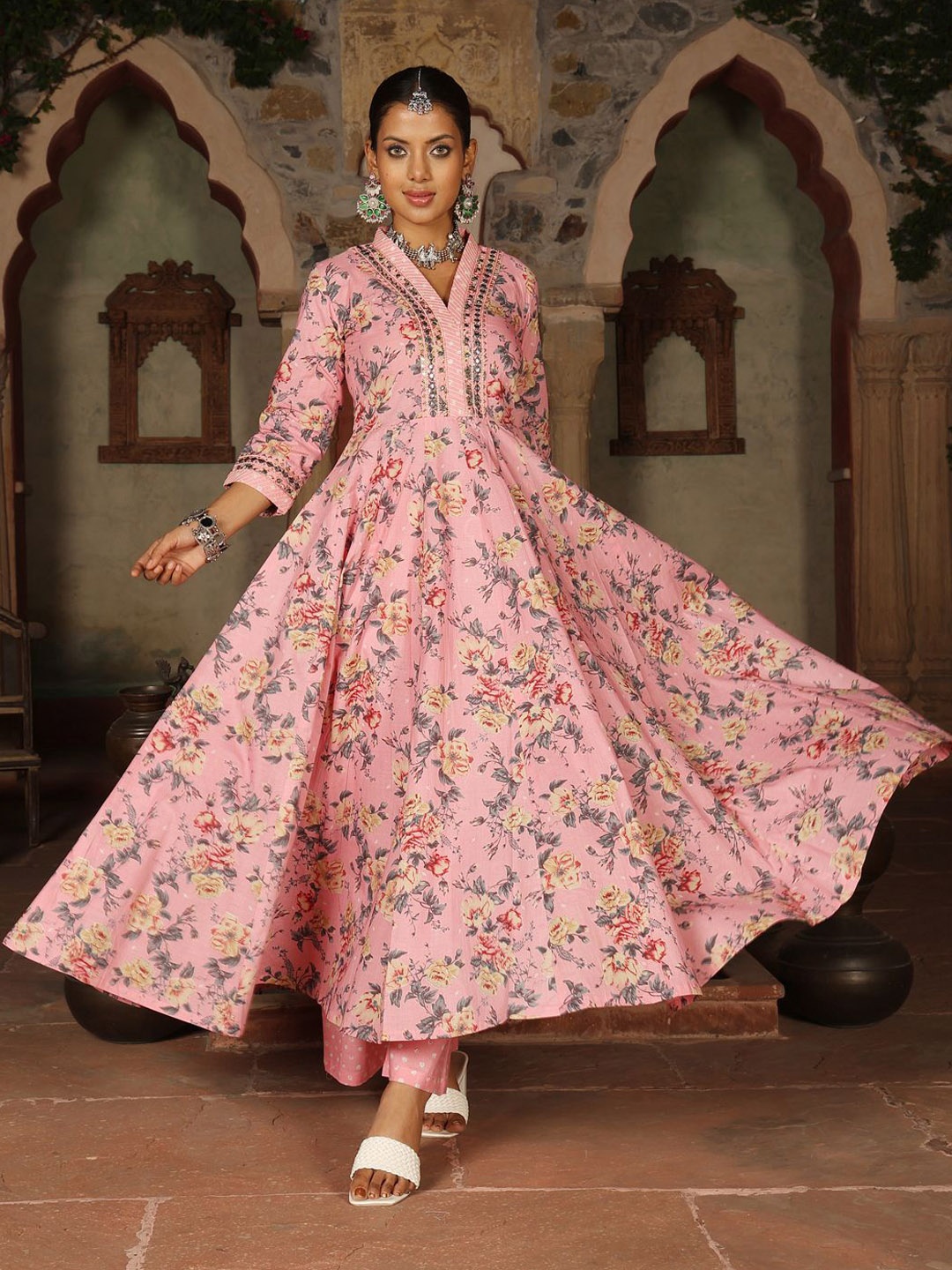 

KIMAYRA Floral Printed Mirror Work Pure Cotton Anarkali Kurta with Palazzos & Dupatta, Pink