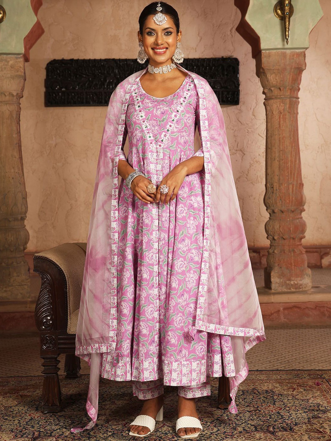 

KIMAYRA Floral Printed Sequinned Pure Cotton Kurta With Trousers & Dupatta, Lavender