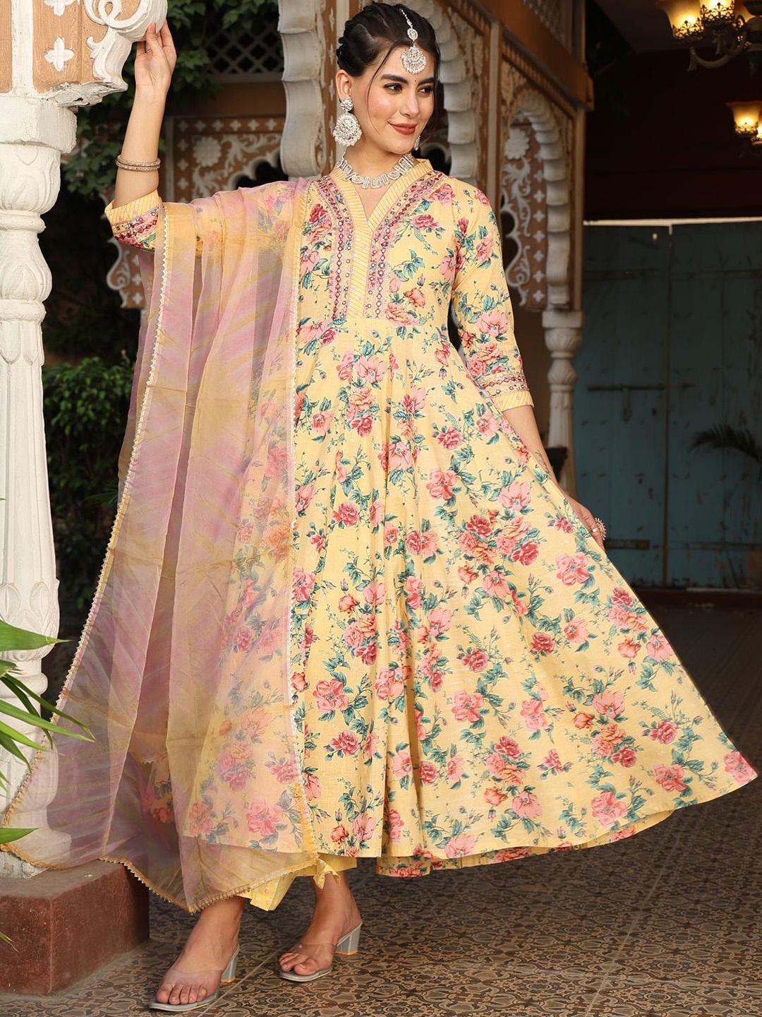 

KIMAYRA Floral Printed Mirror Work Pure Cotton Anarkali Kurta With Palazzos & Dupatta, Yellow