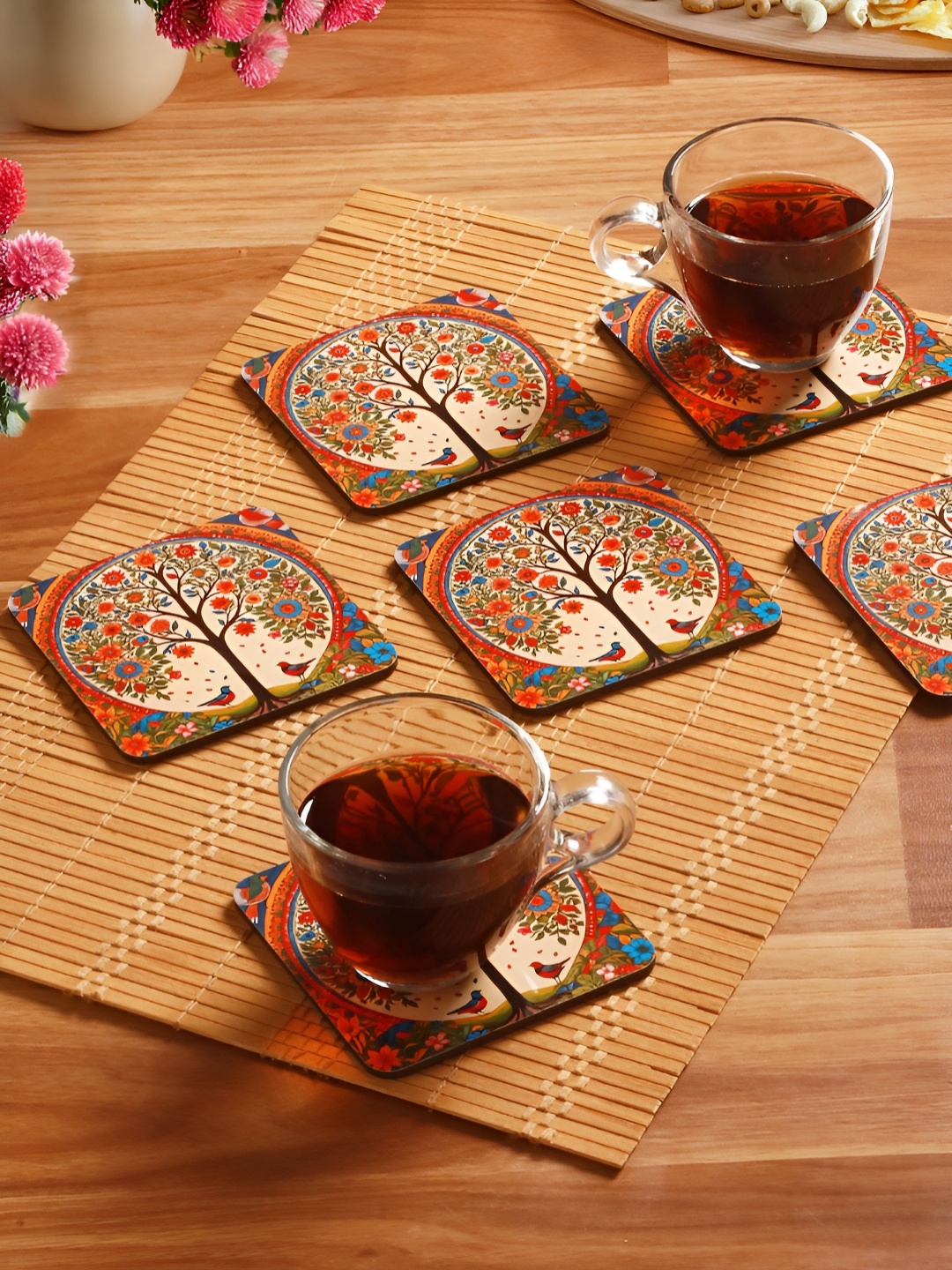 

Homspurts Beige & Blue 6 Pieces Printed Square Wooden Coasters