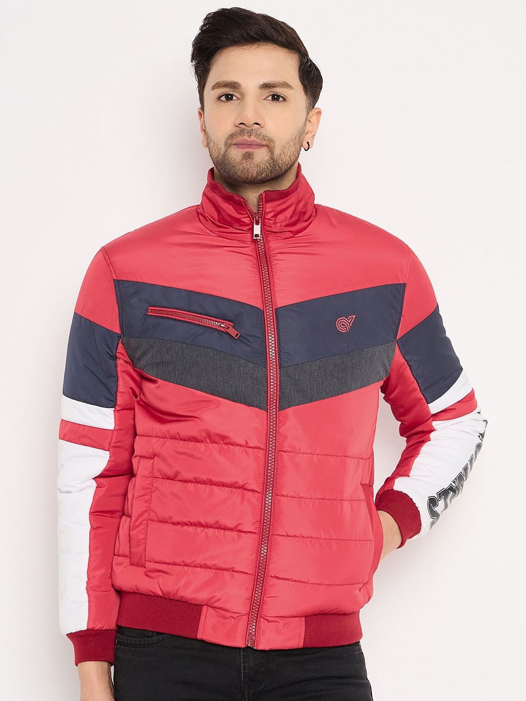 

Club York Men Mock Collar Colourblocked Casual Puffer Lightweight Jacket, Red