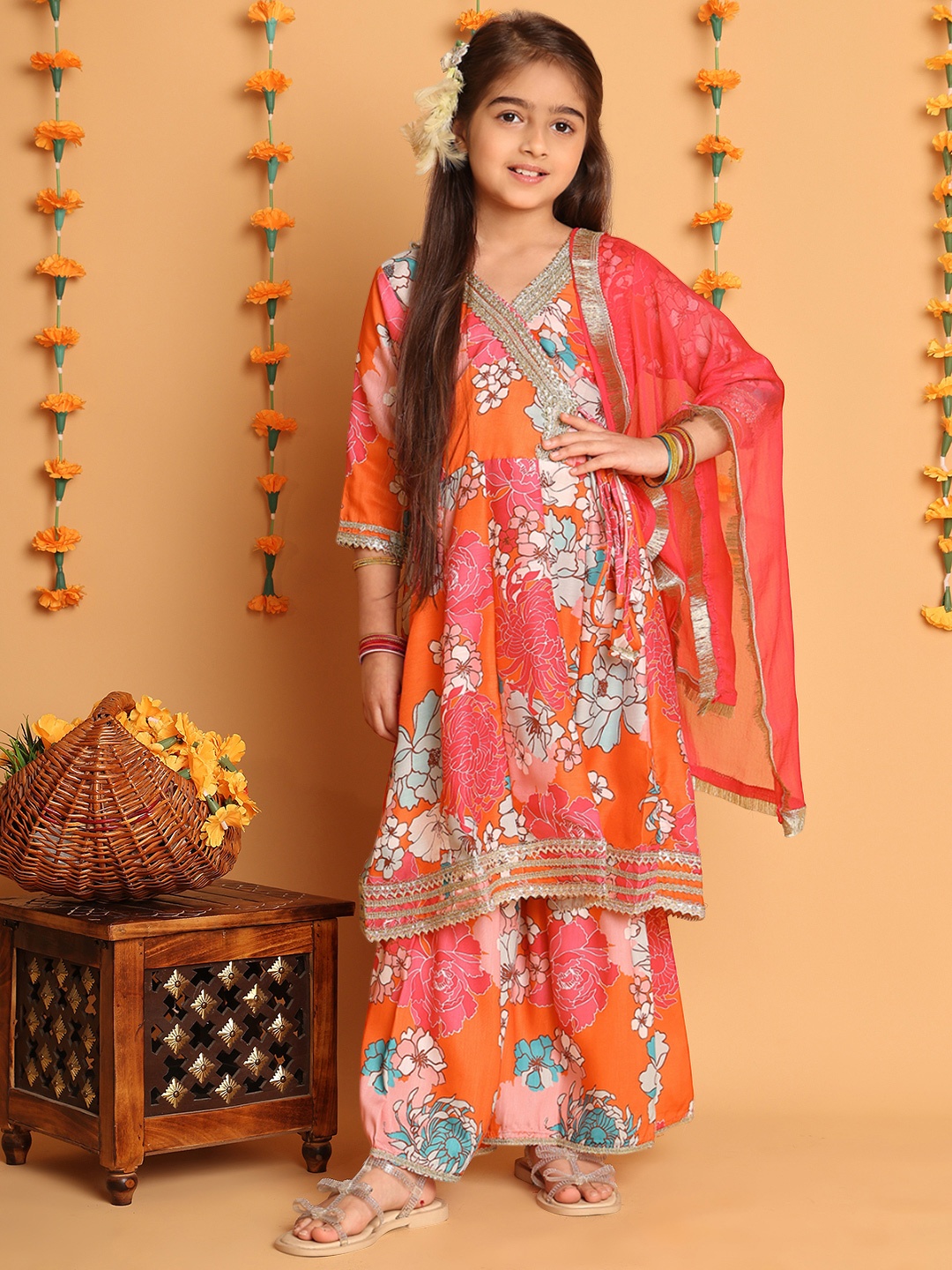 

BAESD Girls Floral Printed Empire Gotta Patti Kurta with Sharara & Dupatta, Orange