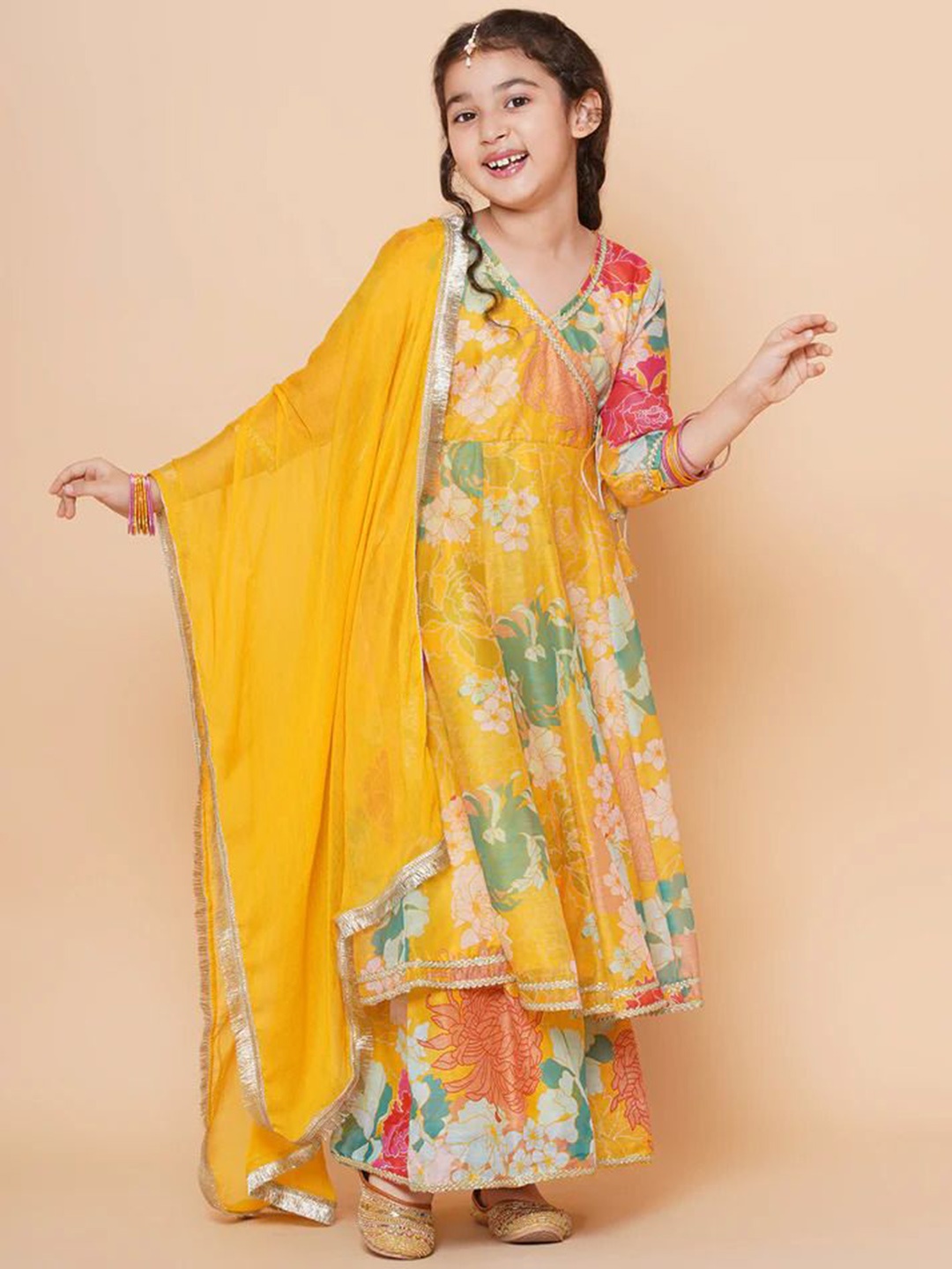 

BAESD Floral Printed Empire Gotta Patti Kurta with Sharara & Dupatta, Yellow