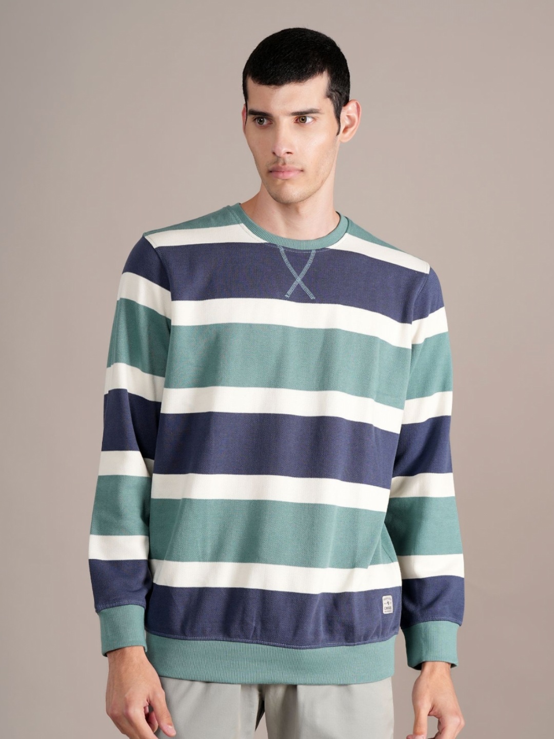 

Cantabil Men Striped Round Neck Long Sleeves Casual Sweatshirt, Off white