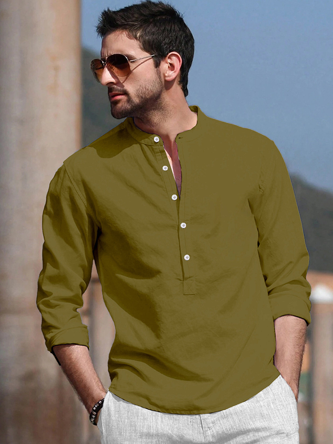 

Anouk Mandarin Collar Short Cotton Straight Kurta, Olive