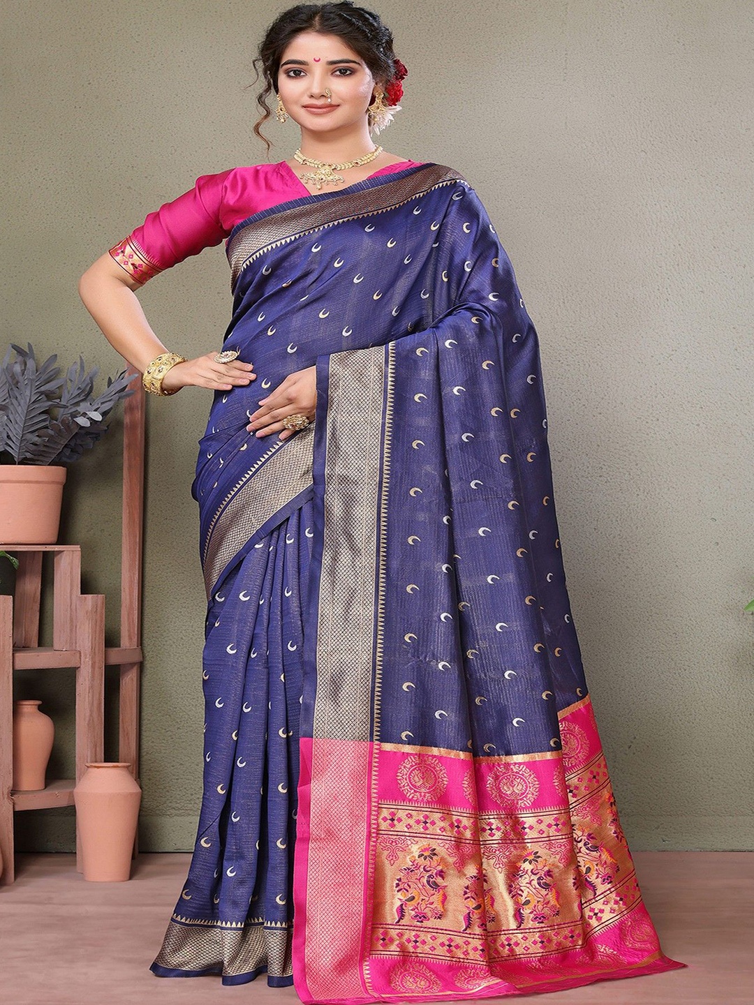 

KALINI Ethnic Motifs Woven Design Zari Saree, Navy blue