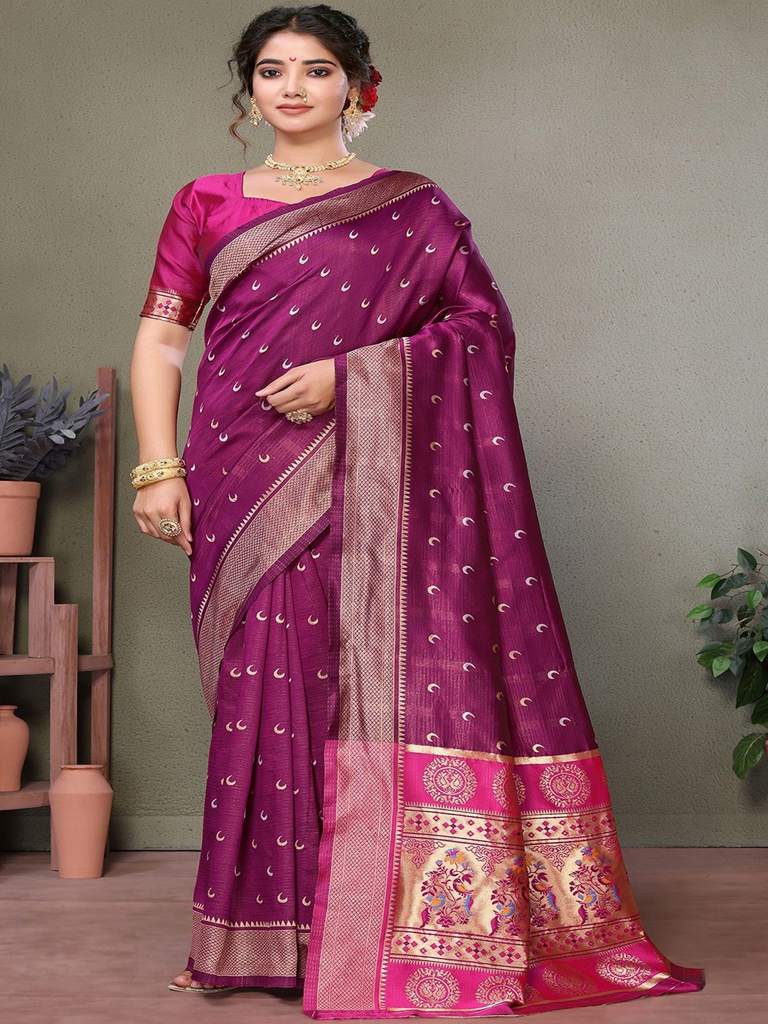 

KALINI Ethnic Motifs Zari Saree, Purple