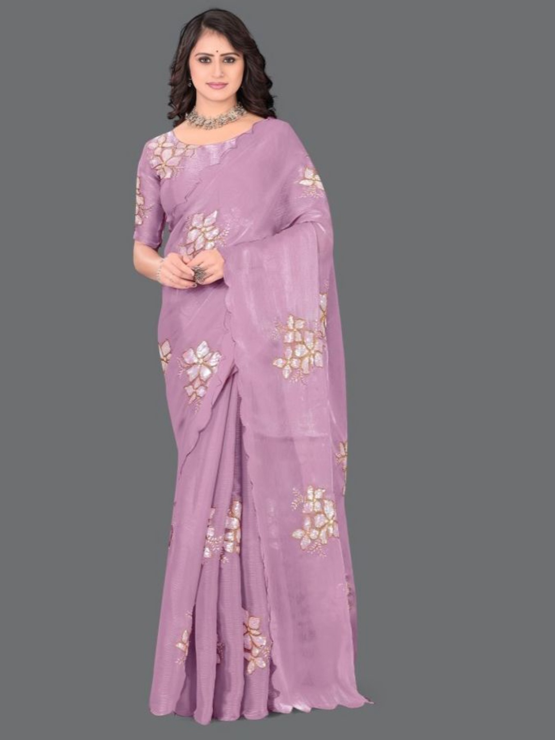 

LADY SHOPI Floral Embroidered Organza Saree, Pink
