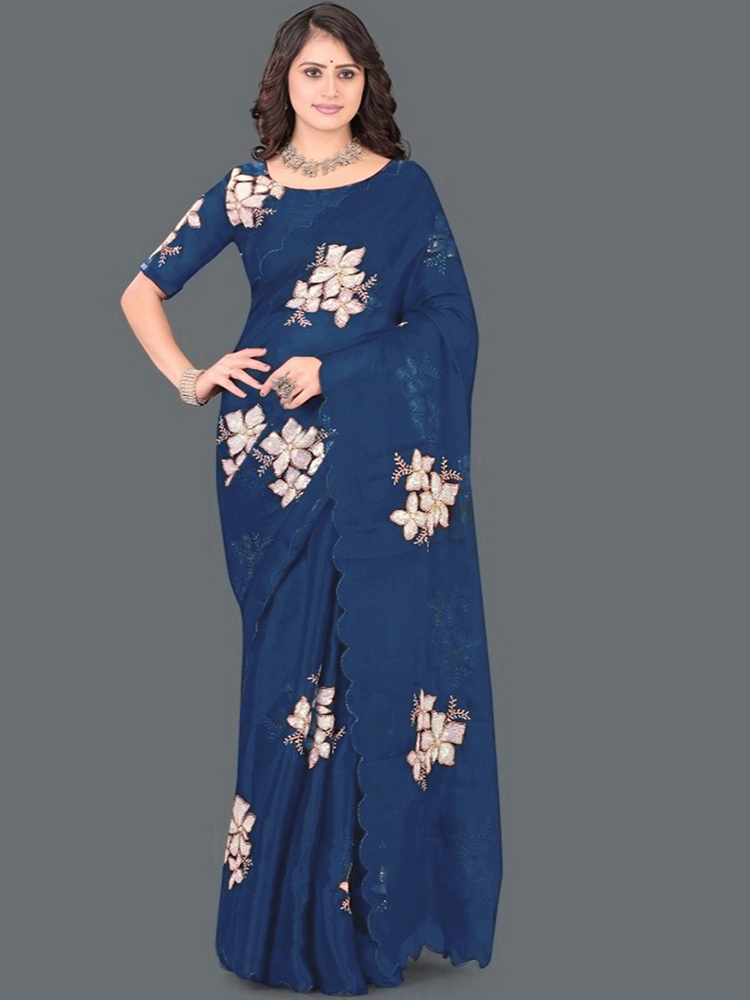 

LADY SHOPI Floral Embroidered Organza Saree, Navy blue