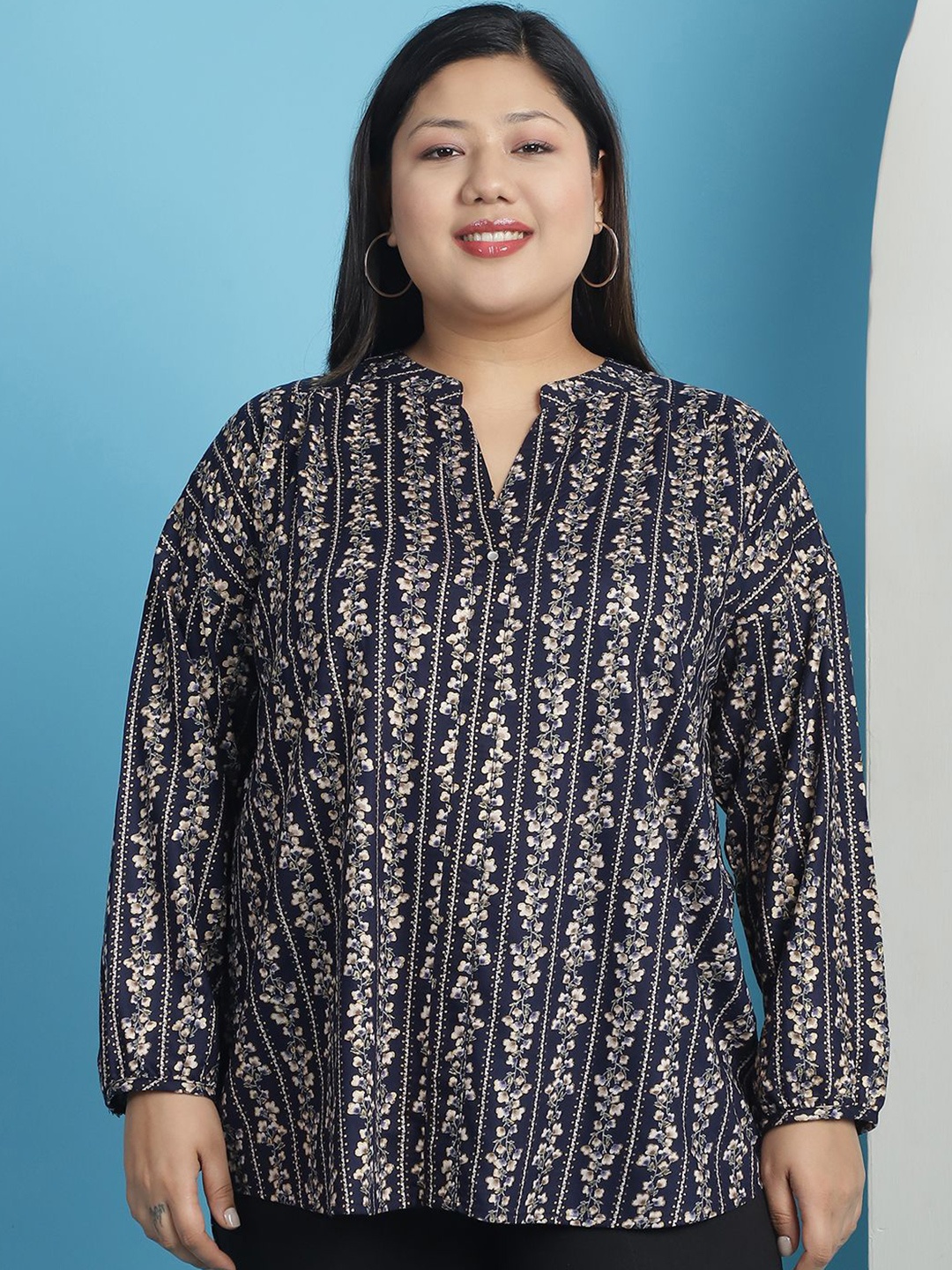 

theRebelinme Women Plus Size Floral Printed Shirt Style Top, Navy blue