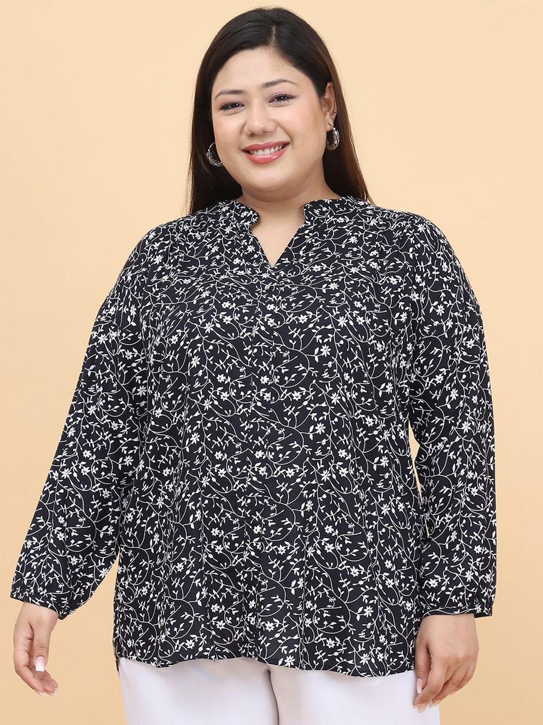 

theRebelinme Women Plus Size Floral Printed Shirt Style Top, Black
