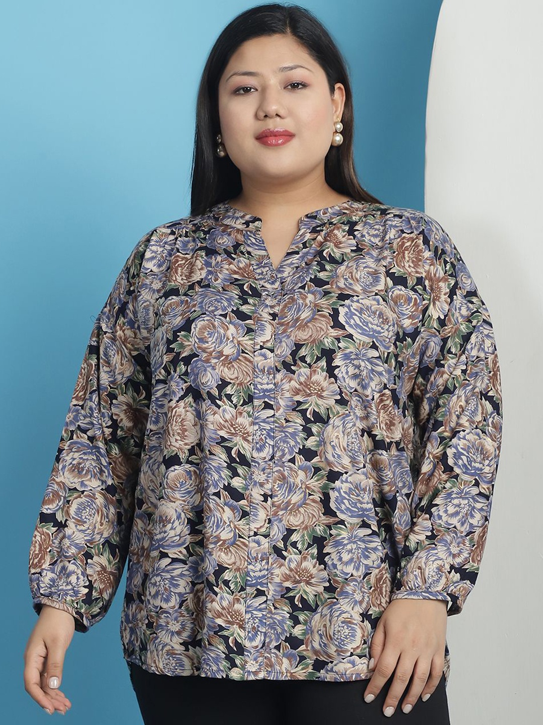 

theRebelinme Women Plus Size Floral Printed Shirt StyleTop, Navy blue