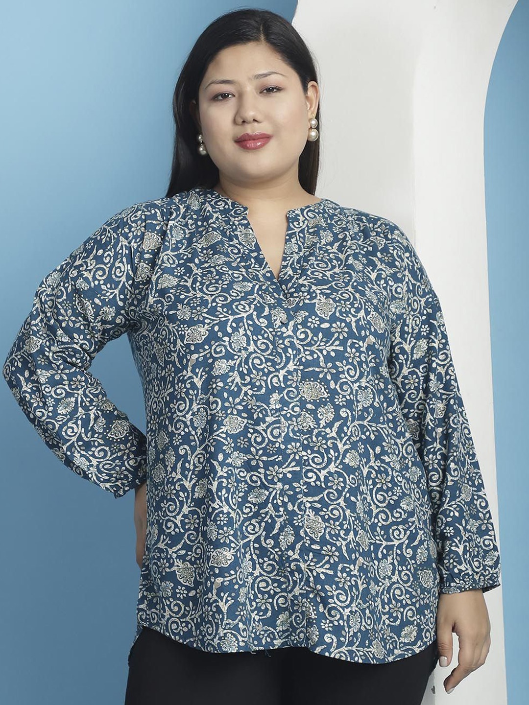 

theRebelinme Women Plus Size Floral Printed Shirt StyleTop, Teal