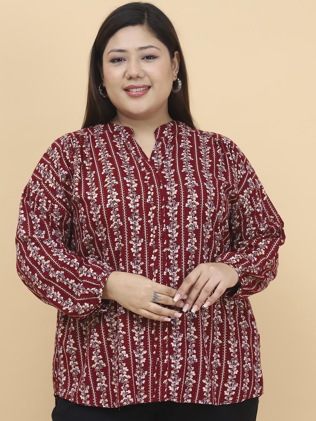 

theRebelinme Women Plus Size Floral Printed Shirt Style Top, Maroon