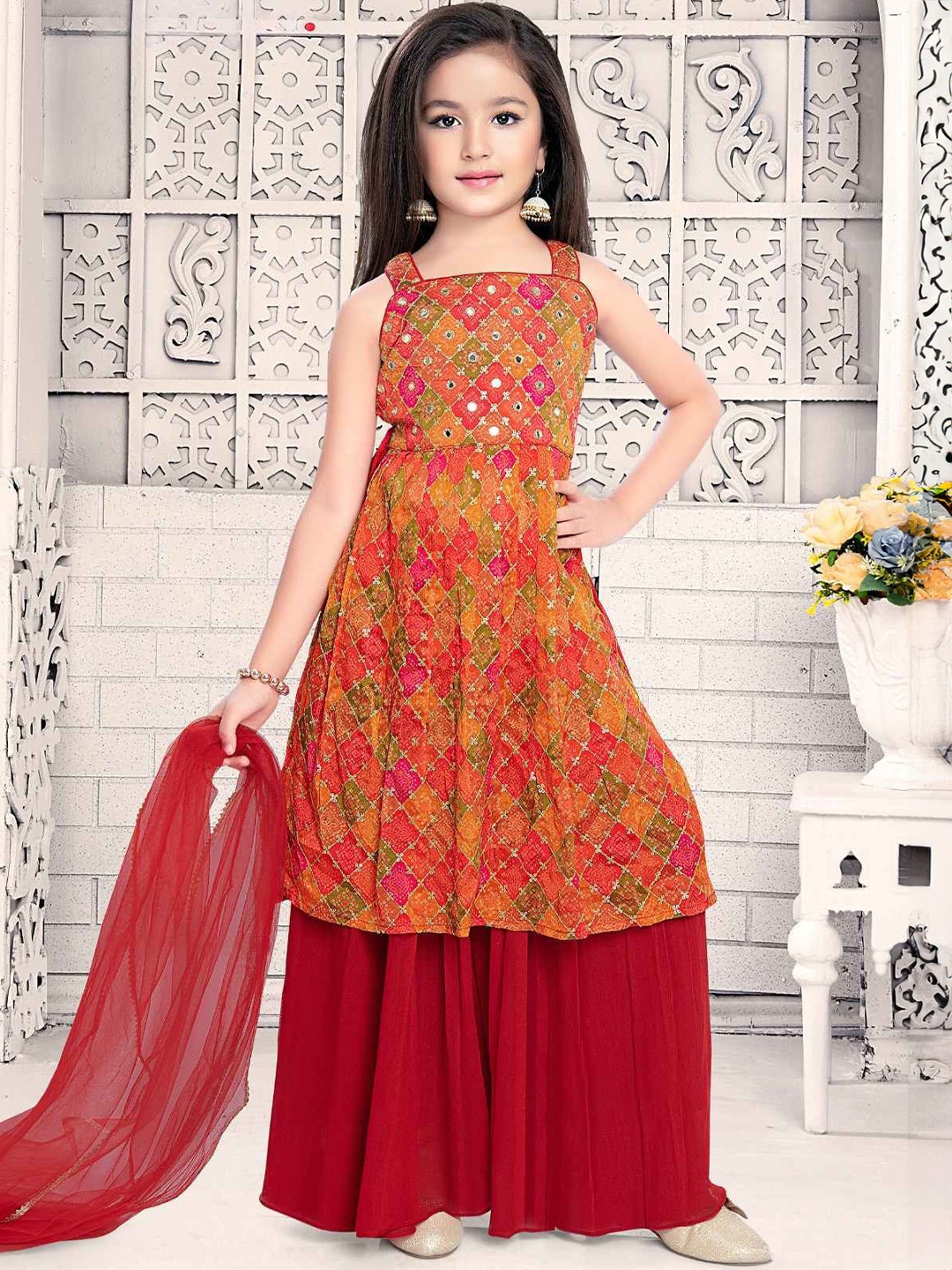 

Lagorii Girls Sleeveless And Mirror worked Palazzo Set - Red