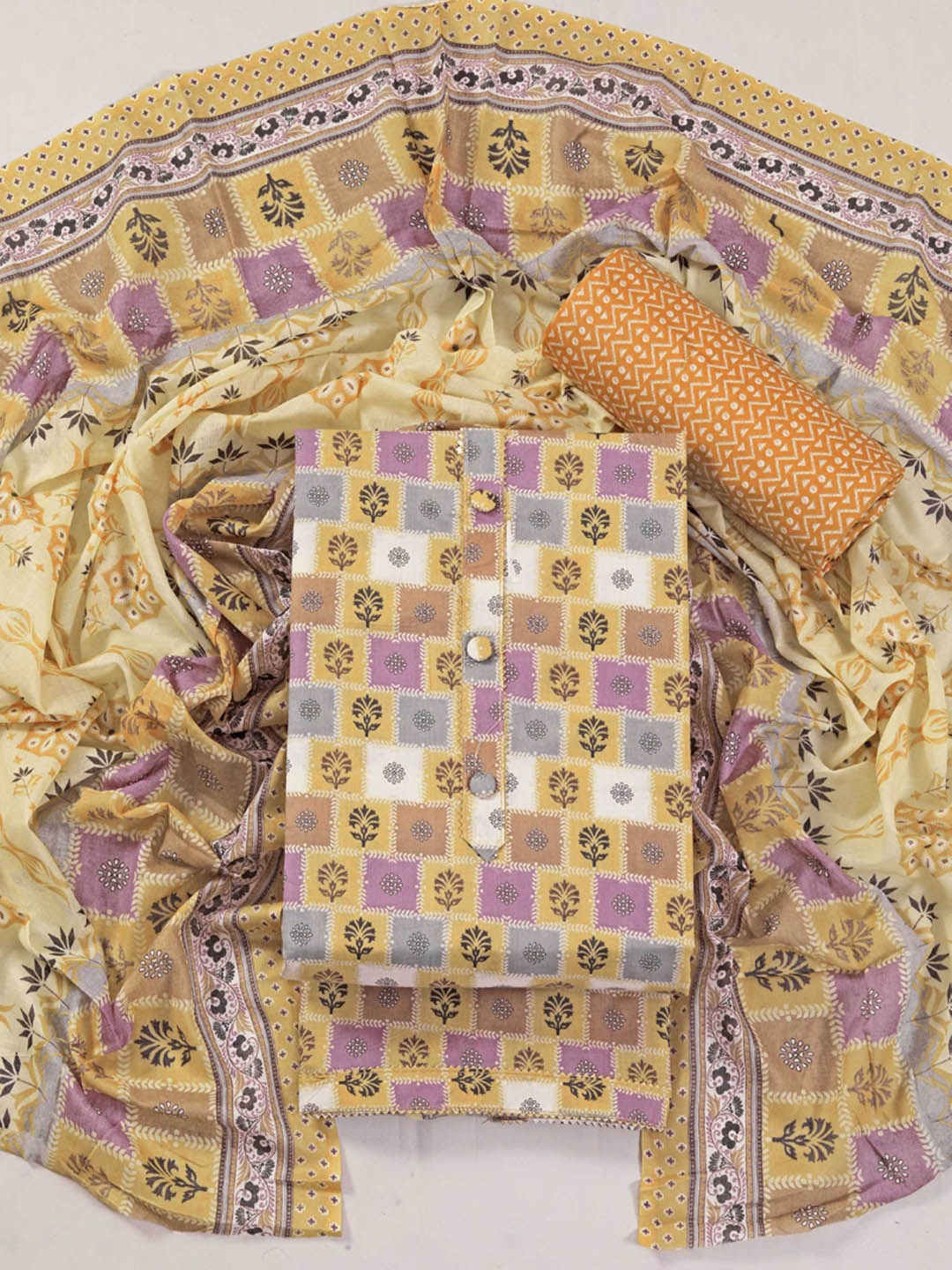 

KALINI Floral Printed Embellished Unstitched Dress Material, Yellow