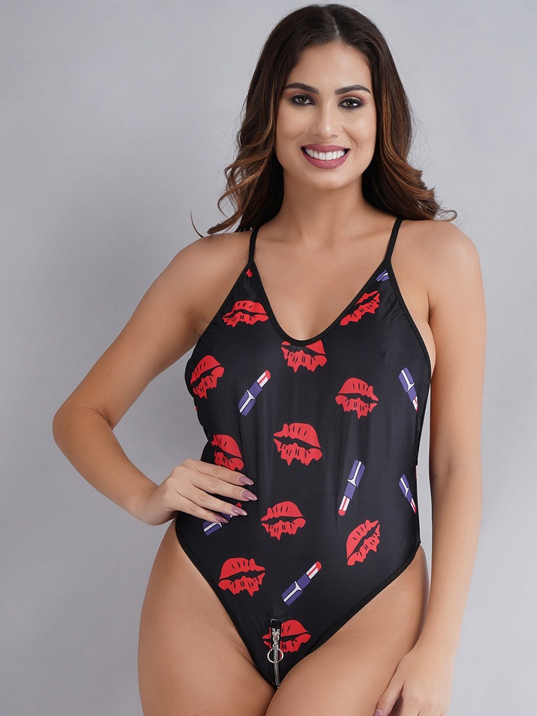 

SSoShHub Women Printed Shoulder Strap Bodysuit, Black