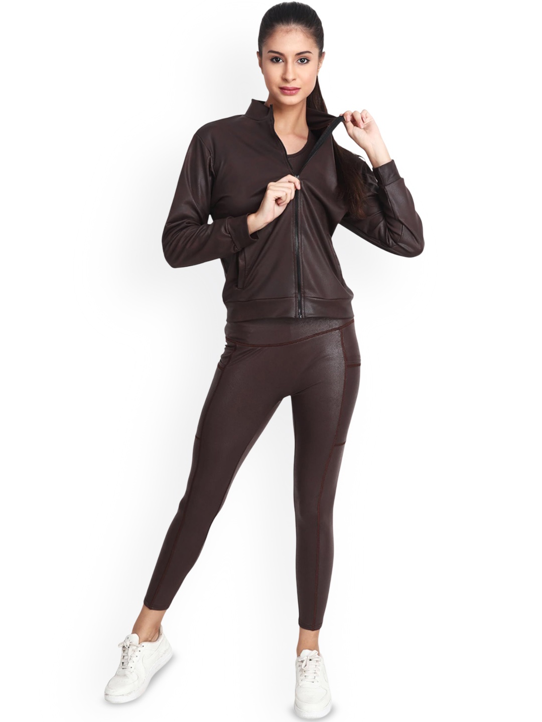 

SSoShHub Women Mock Collar Solid Leather Sports Leather Lightweight Jacket, Brown
