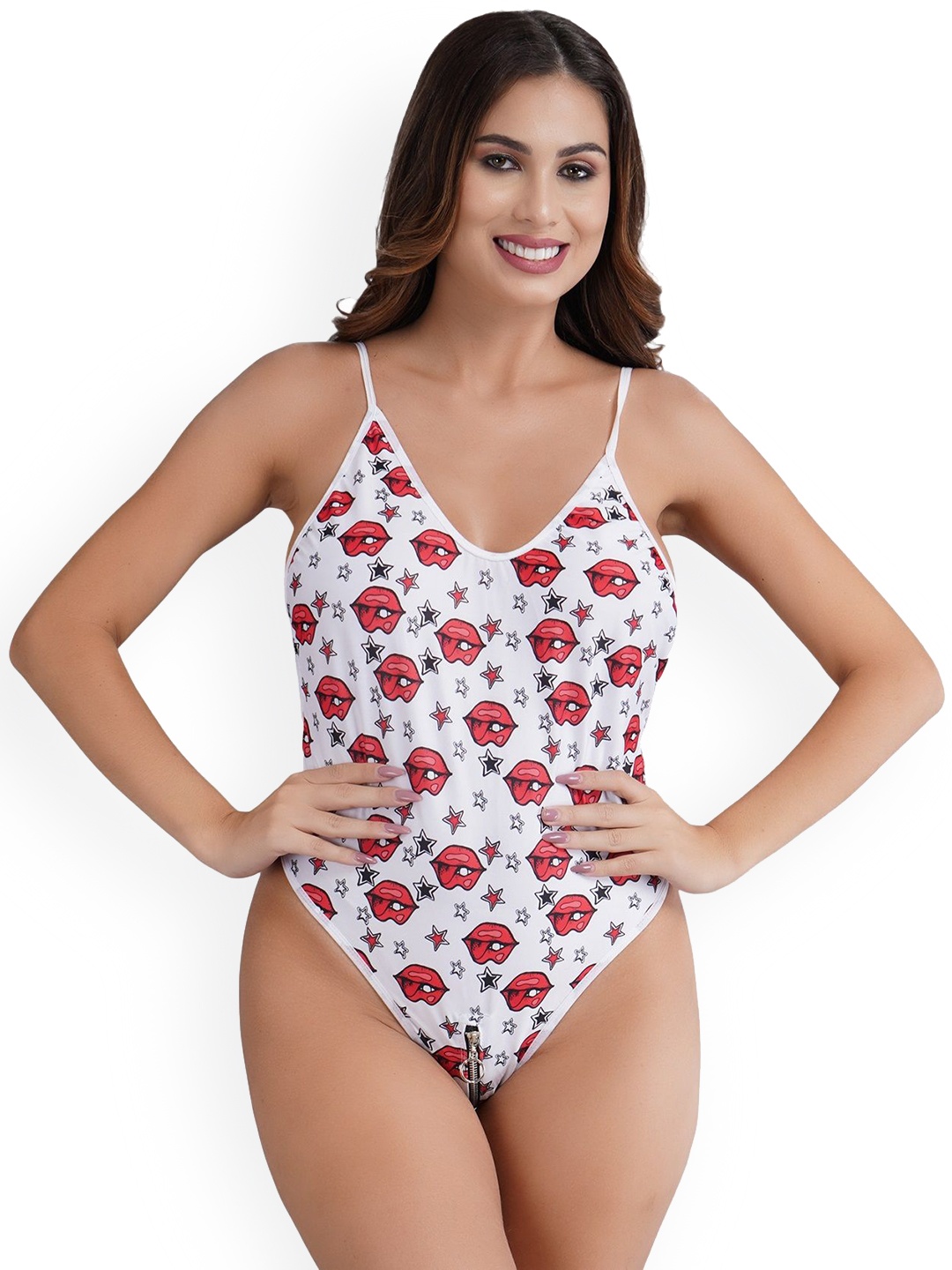 

SSoShHub Women Printed Shoulder Strap Zip Bodysuit, White