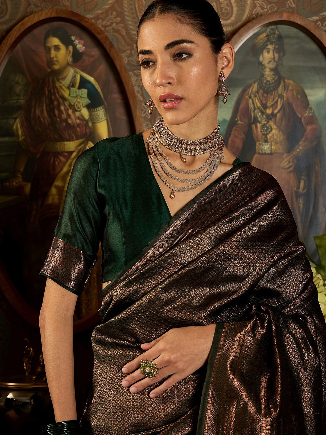 

Sangria Woven Design Banarasi Saree With Blouse, Green