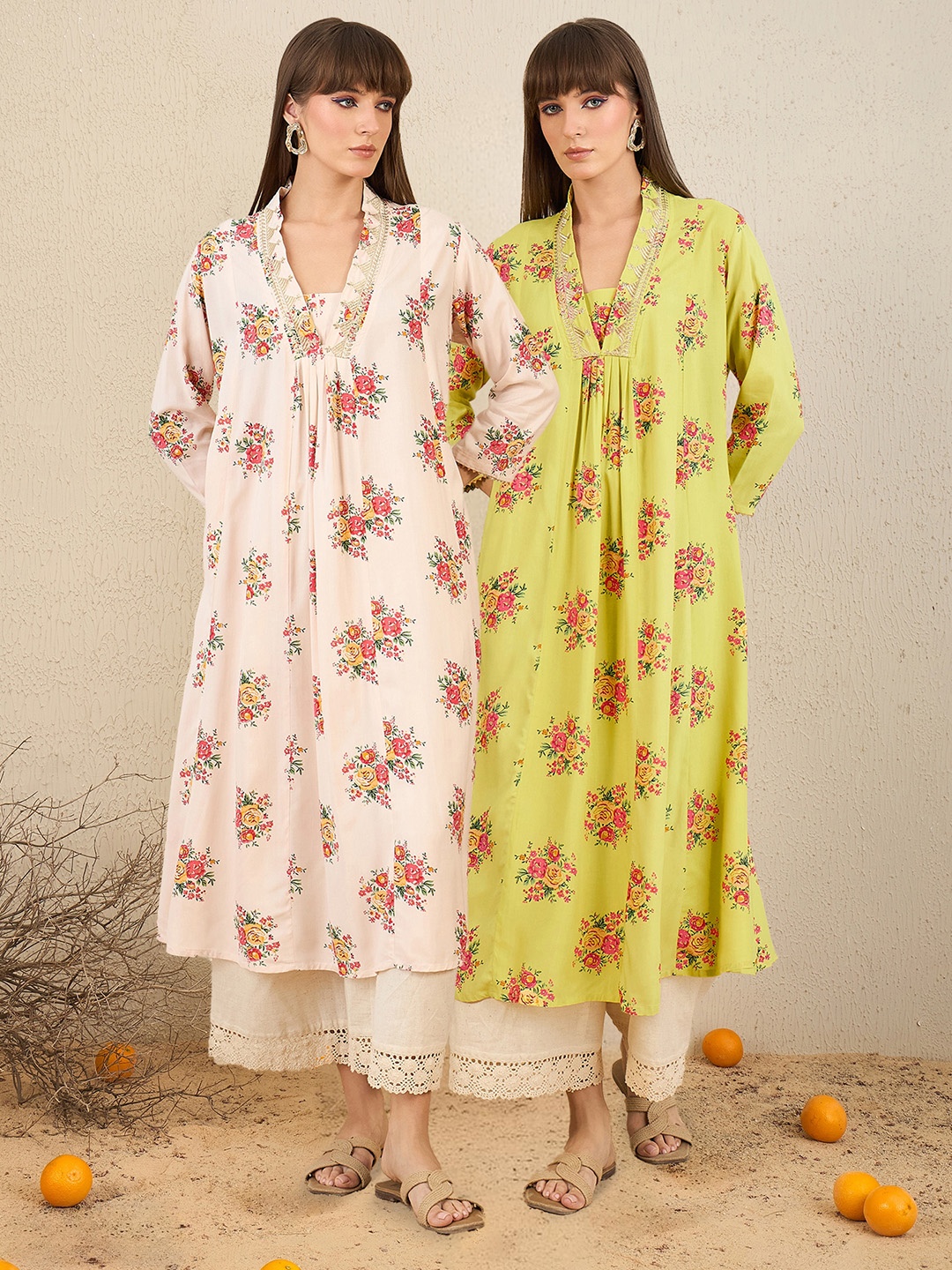 

Indo Era Pack Of 2 Floral Embroidered V-Neck Zari Panelled A-Line Kurta, White