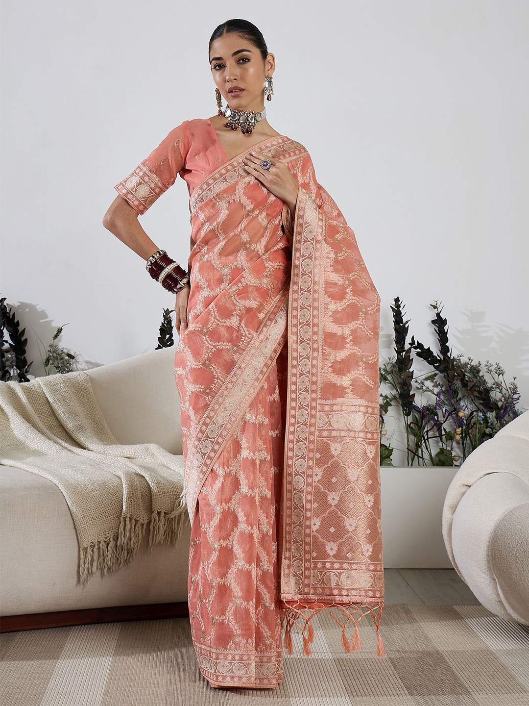 

Sangria Woven Design Zari Organza Banarasi Saree, Peach