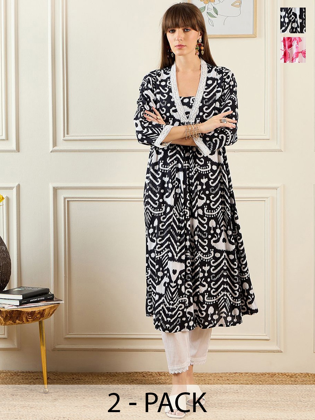 

Indo Era Pack of 2 Printed Kurta, Black