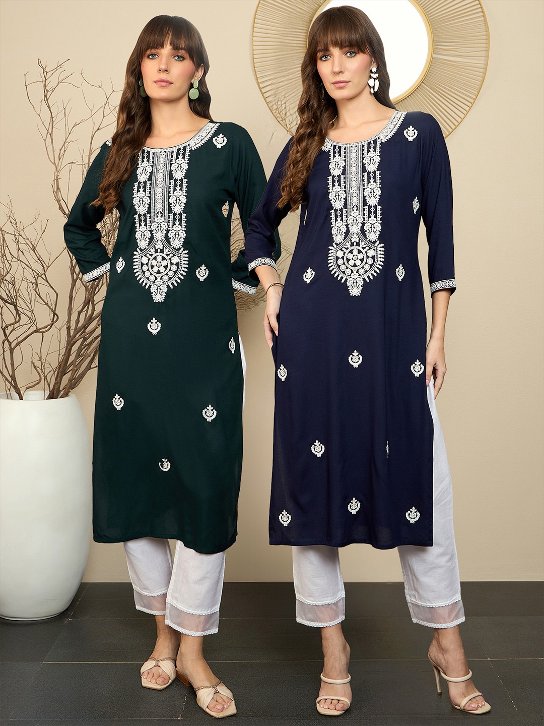 

Indo Era Pack Of 2 Floral Embroidered Straight Kurta, Green