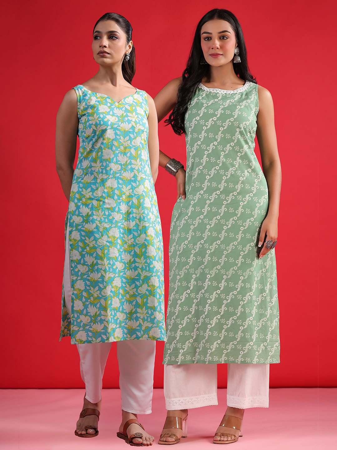 

Indo Era Pack Of 2 Printed Round Neck Sleeveless Gotta Patti Cotton Straight Kurta, Blue