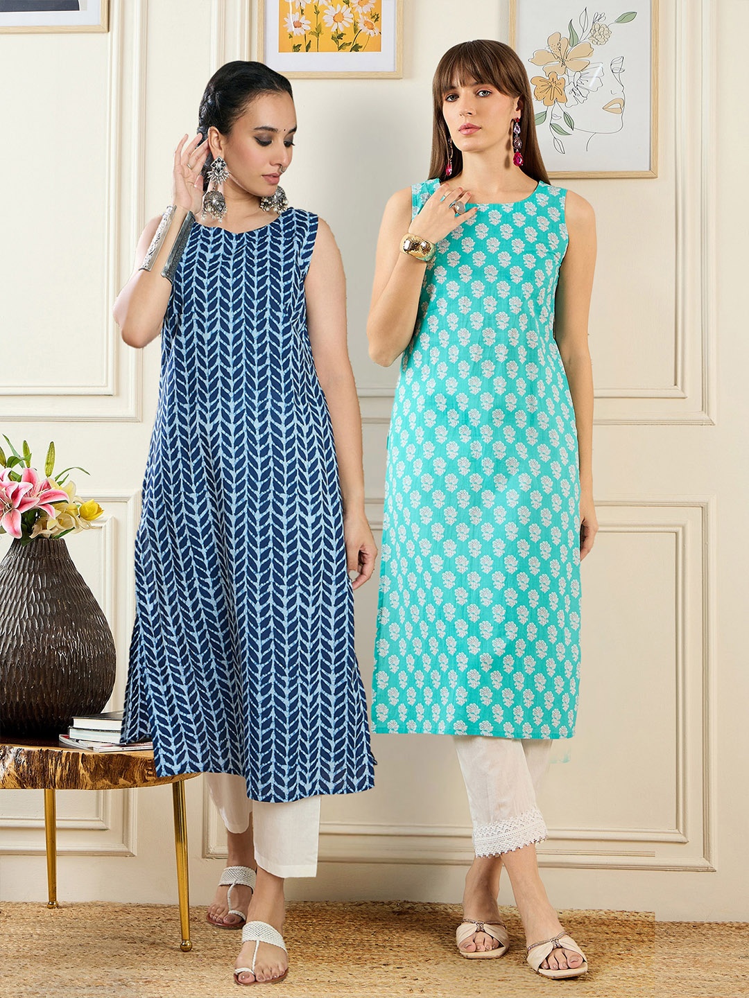 

Indo Era Pack of 2 Floral Printed Boat Neck Straight Kurta, Blue