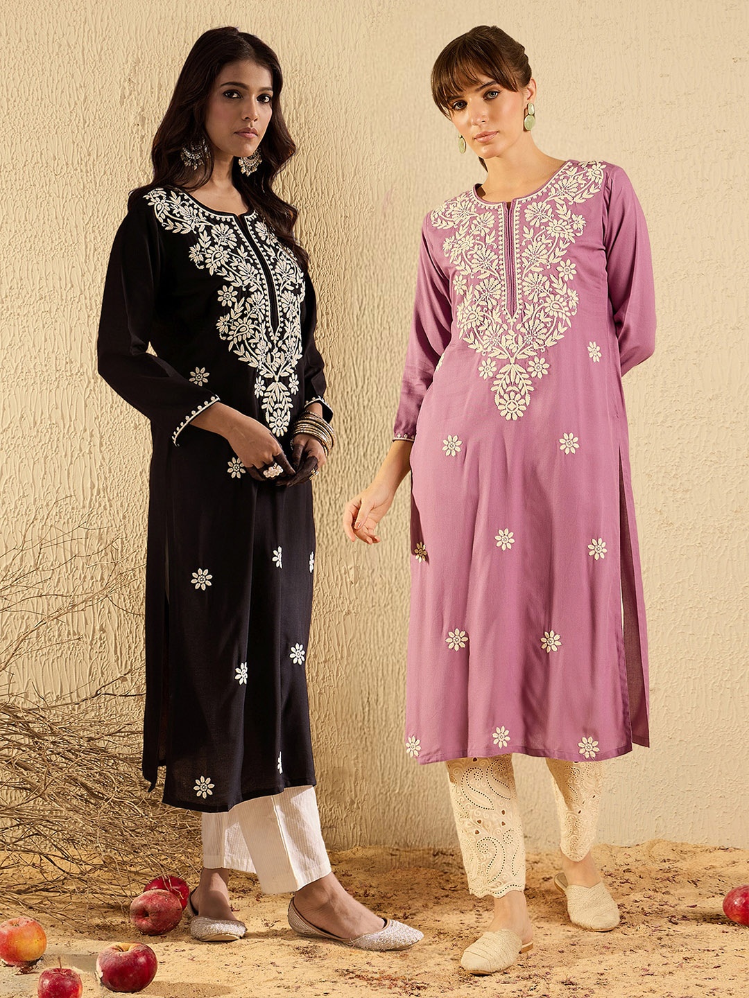 

Indo Era Pack Of 2 Floral Embroidered Straight Kurta, Black