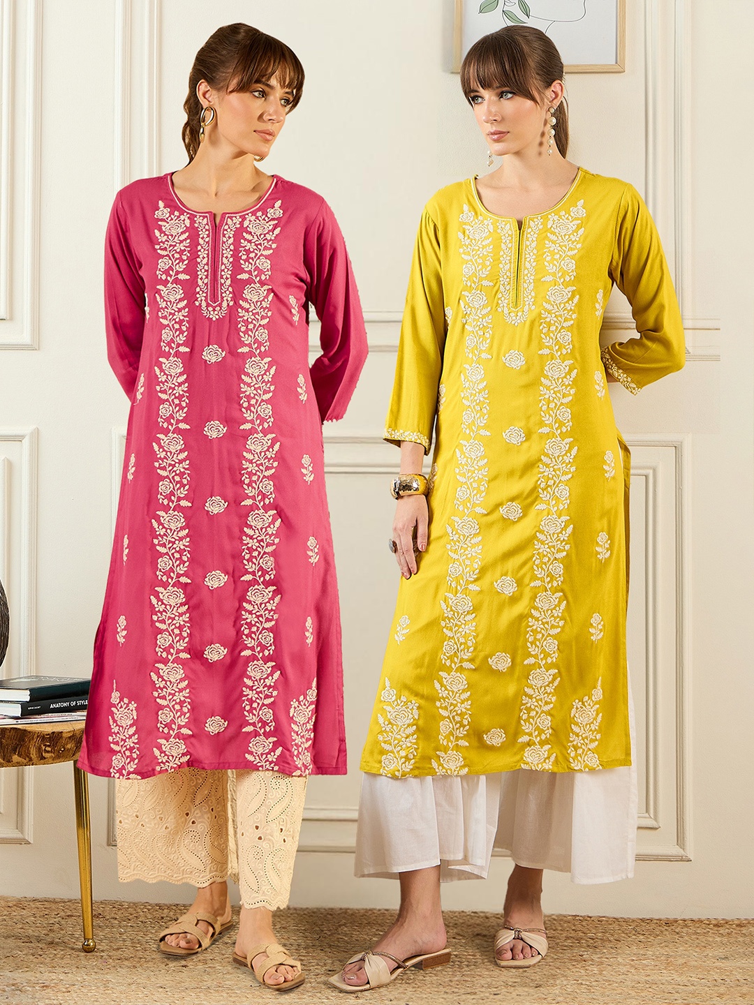 

Indo Era Pack Of 2 Embroidered Straight Kurta, Pink