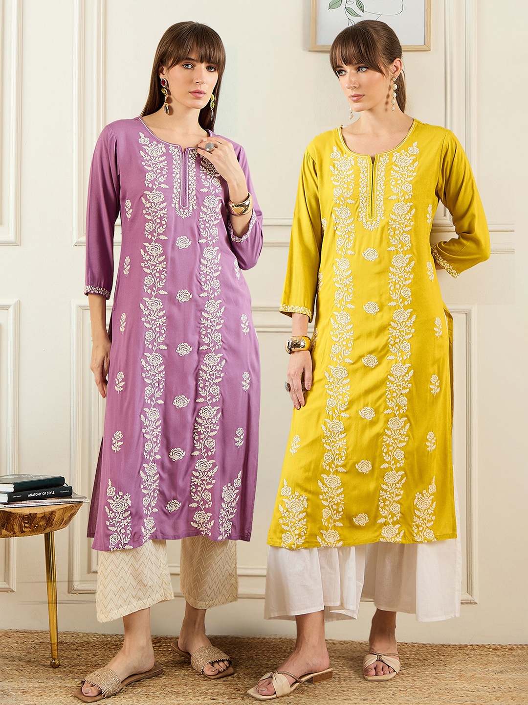 

Indo Era Pack of 2 Floral Embroidered Notch Neck Straight Kurta, Lavender