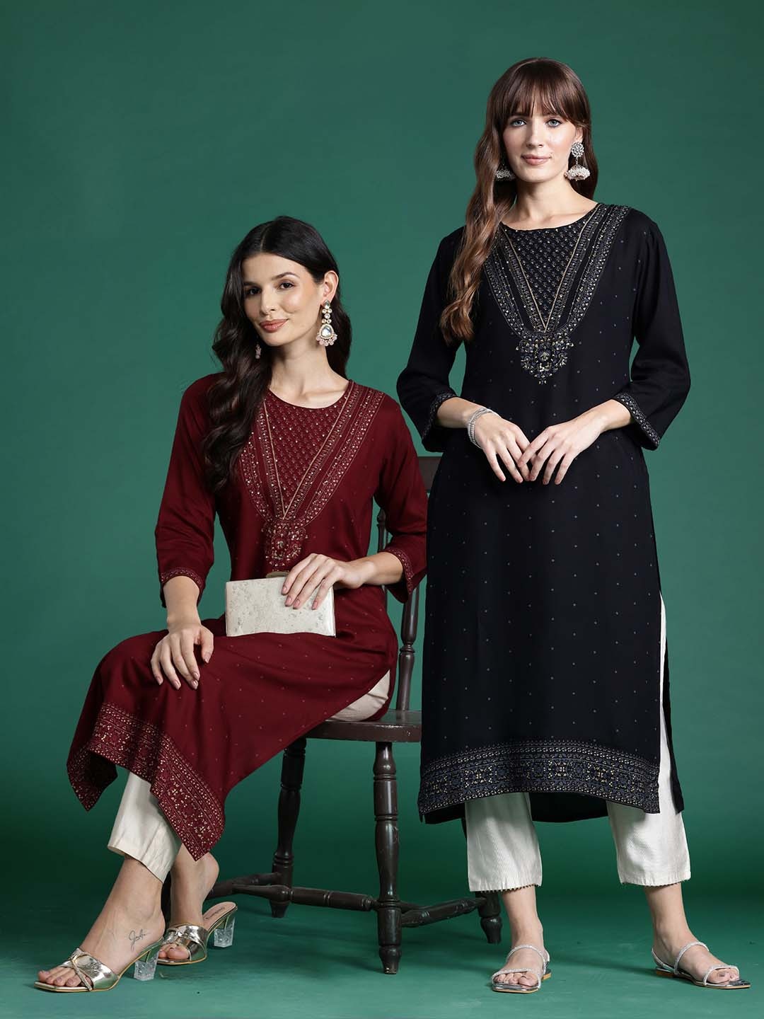 

Indo Era Pack of 2 Foil Printed Sequinned Kurta, Maroon