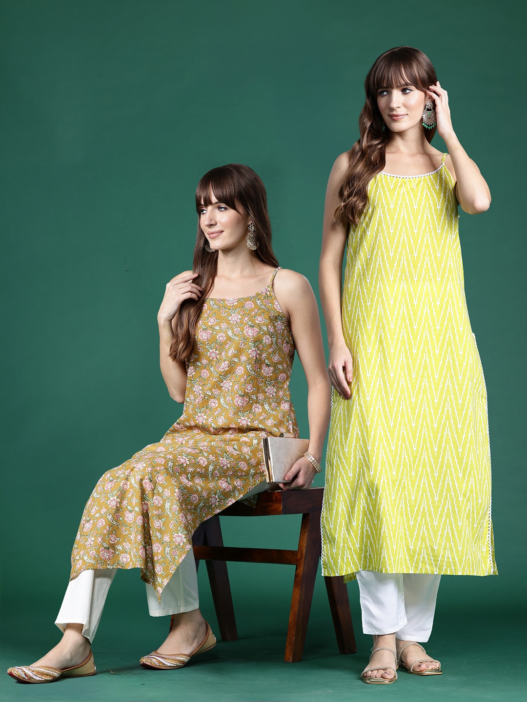 

Indo Era Pack Of 2 Chevron Printed Pure Cotton Kurta, Green