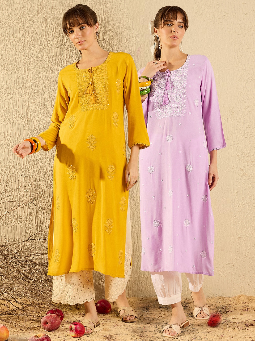 

Indo Era Pack Of 2 Embroidered Thread Work Kurta, Mustard