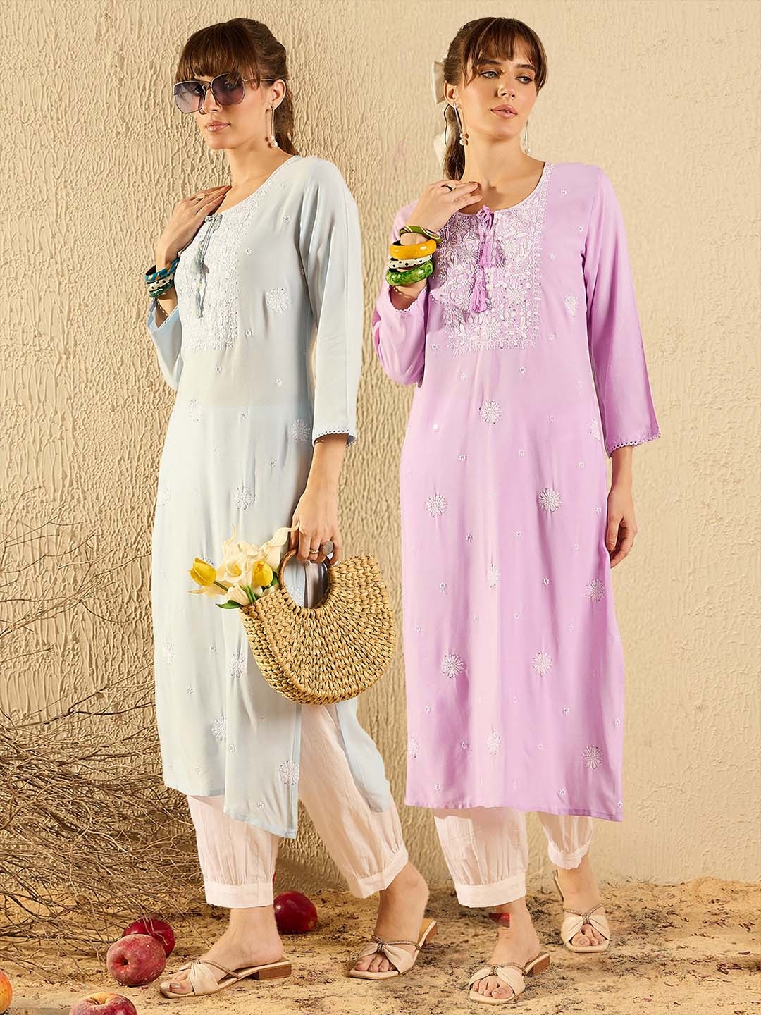 

Indo Era Pack of 2 Mirror Work Straight Kurta, Purple