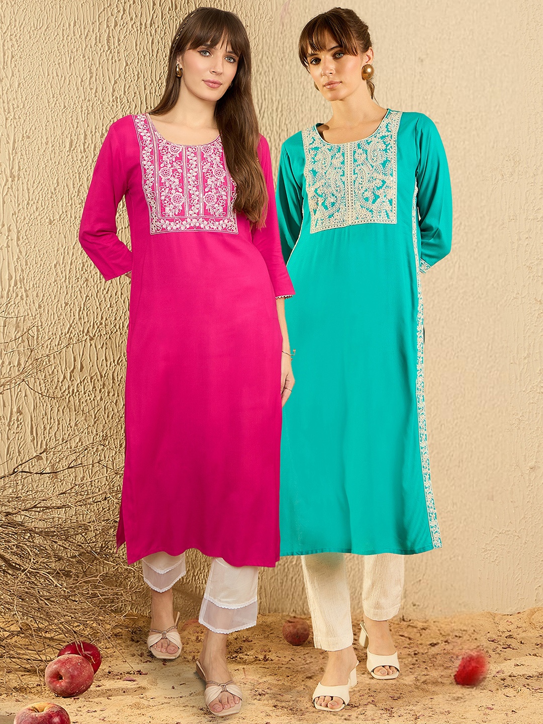 

Indo Era Pack Of 2 Women Yoke Design Mirror Work Straight Kurta, Blue