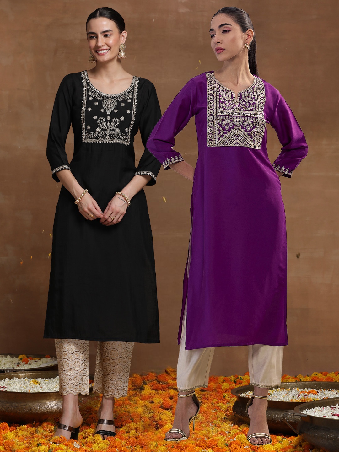 

Indo Era Pack Of 2 Ethnic Motifs Printed Round Neck Three-Quarter Sleeves Kurta, Purple