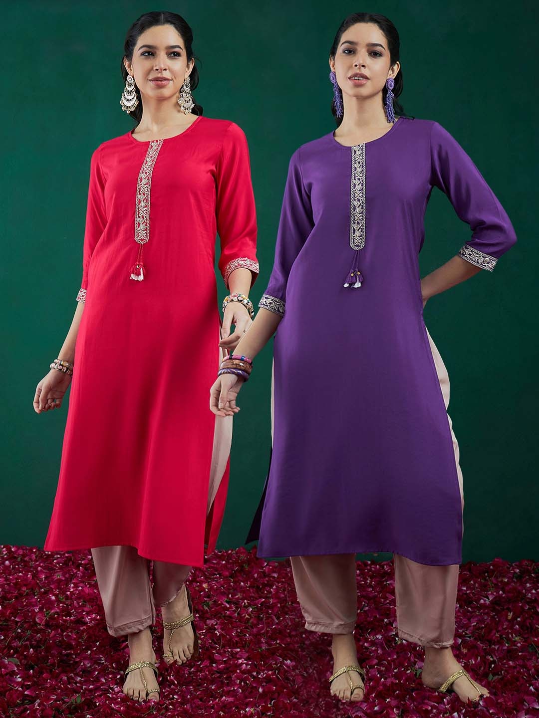 

Indo Era Pack of 2 Round Neck Ethnic Embroidered Chanderi Silk Straight Kurta, Pink