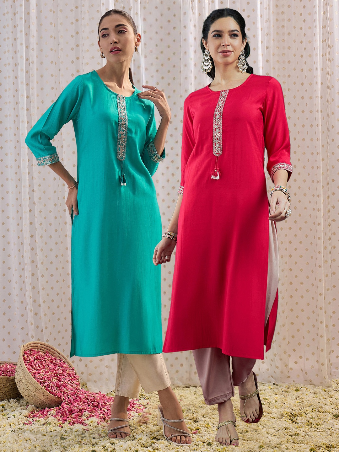 

Indo Era Pack Of 2 Floral Embroidered Chanderi Silk Straight Kurta, Blue