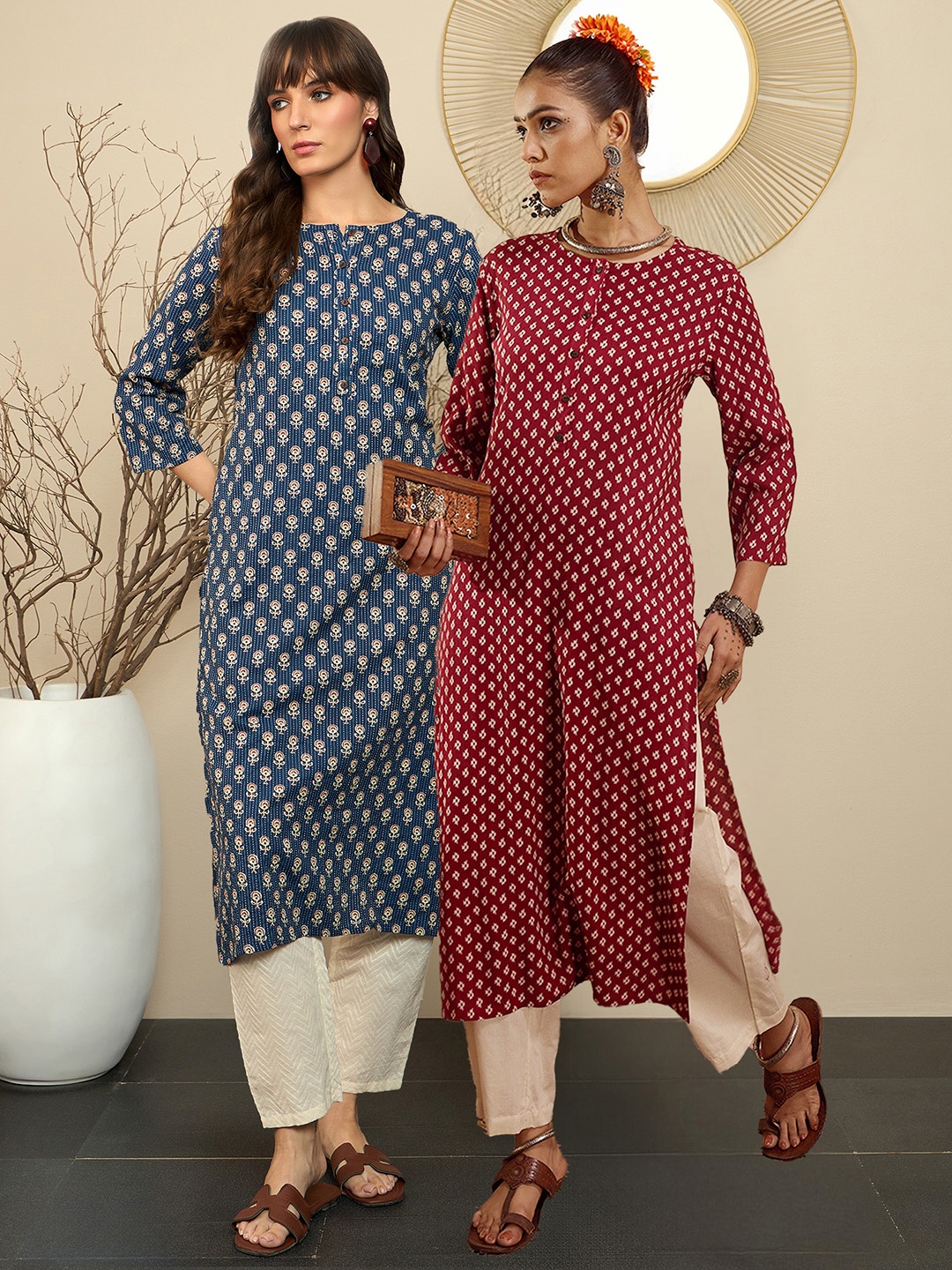 

Indo Era Pack Of 2 Ethnic Motifs Printed Straight Kurta, Maroon