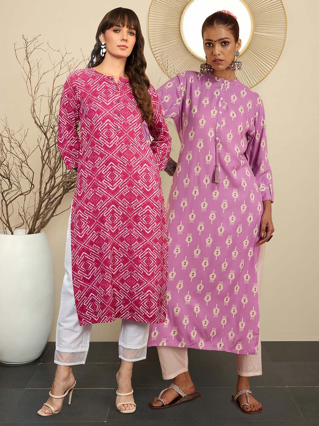 

Indo Era Pack of 2 Ethnic Motifs Printed Embroidered Straight Kurta, Lavender