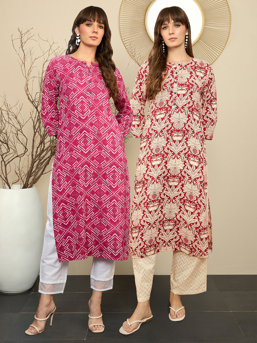

Indo Era Pack Of 2 Floral Printed Round Neck Straight Kurta, Red