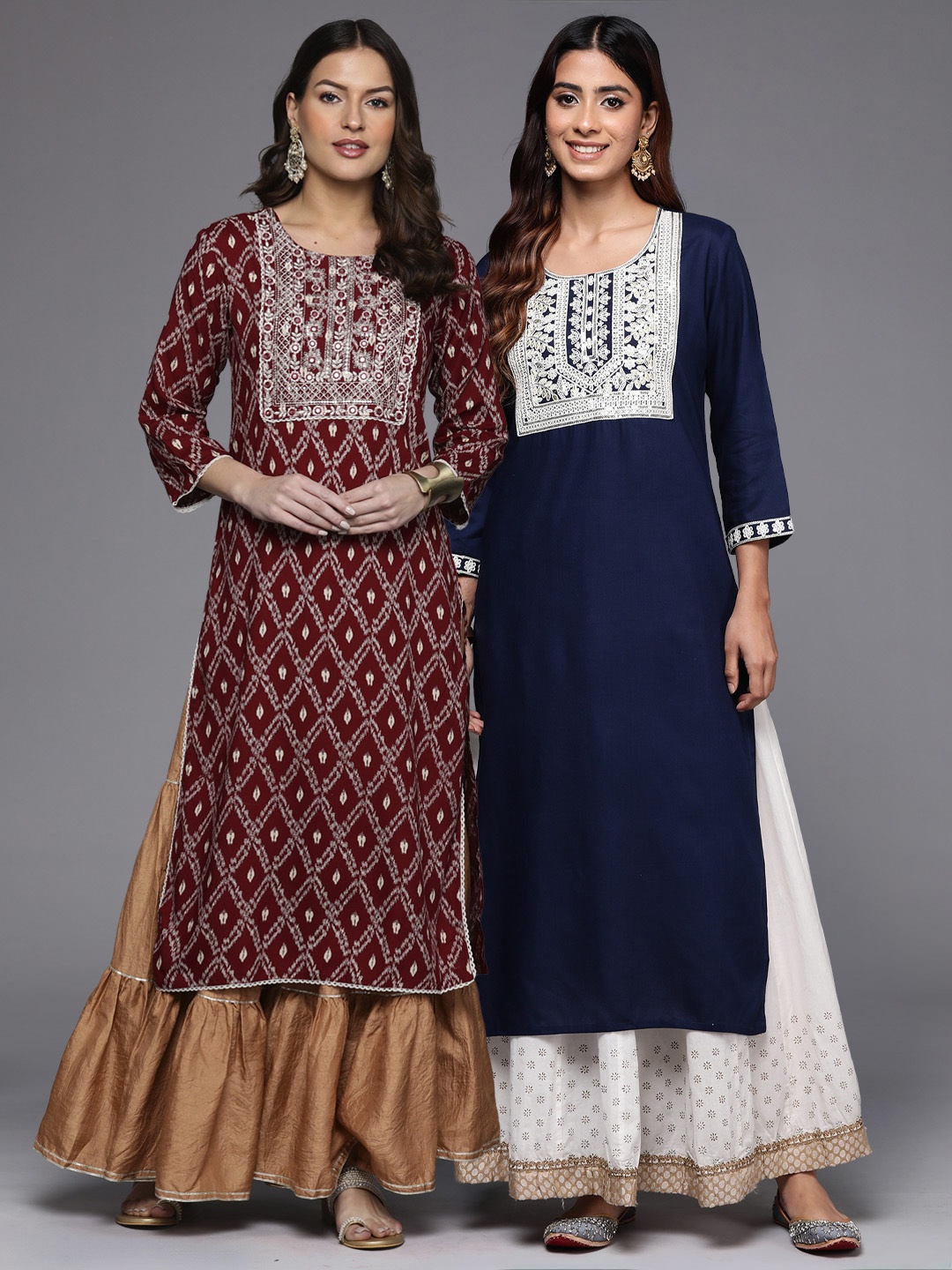 

Indo Era Pack Of 2 Floral Embroidered Thread Work Kurta, Navy blue