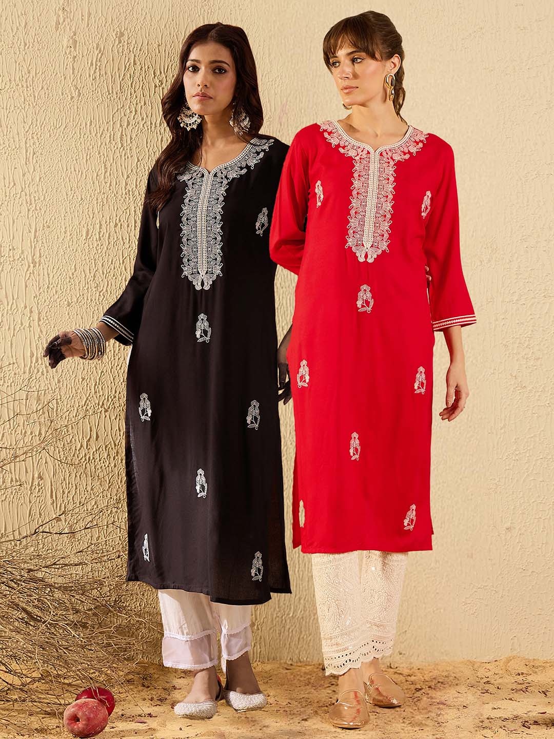 

Indo Era Pack of 2 Ethnic Motifs Embroidered Straight Kurta, Red