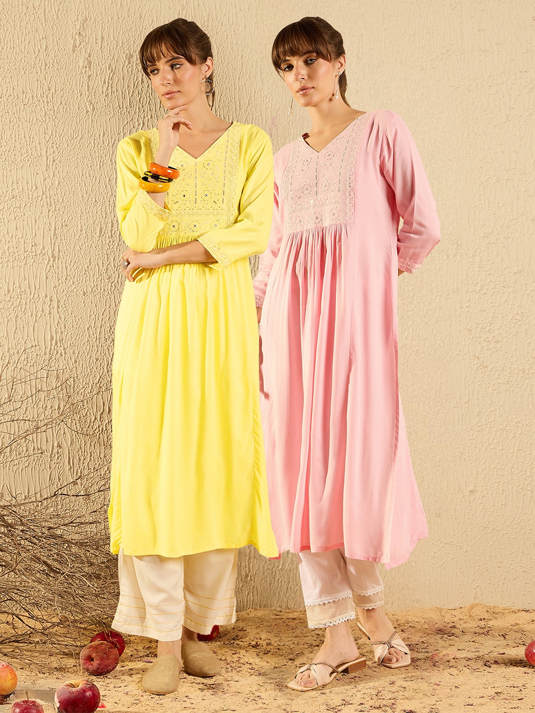 

Indo Era Pack Of 2 Women Floral Printed Mirror Work Anarkali Kurta, Yellow