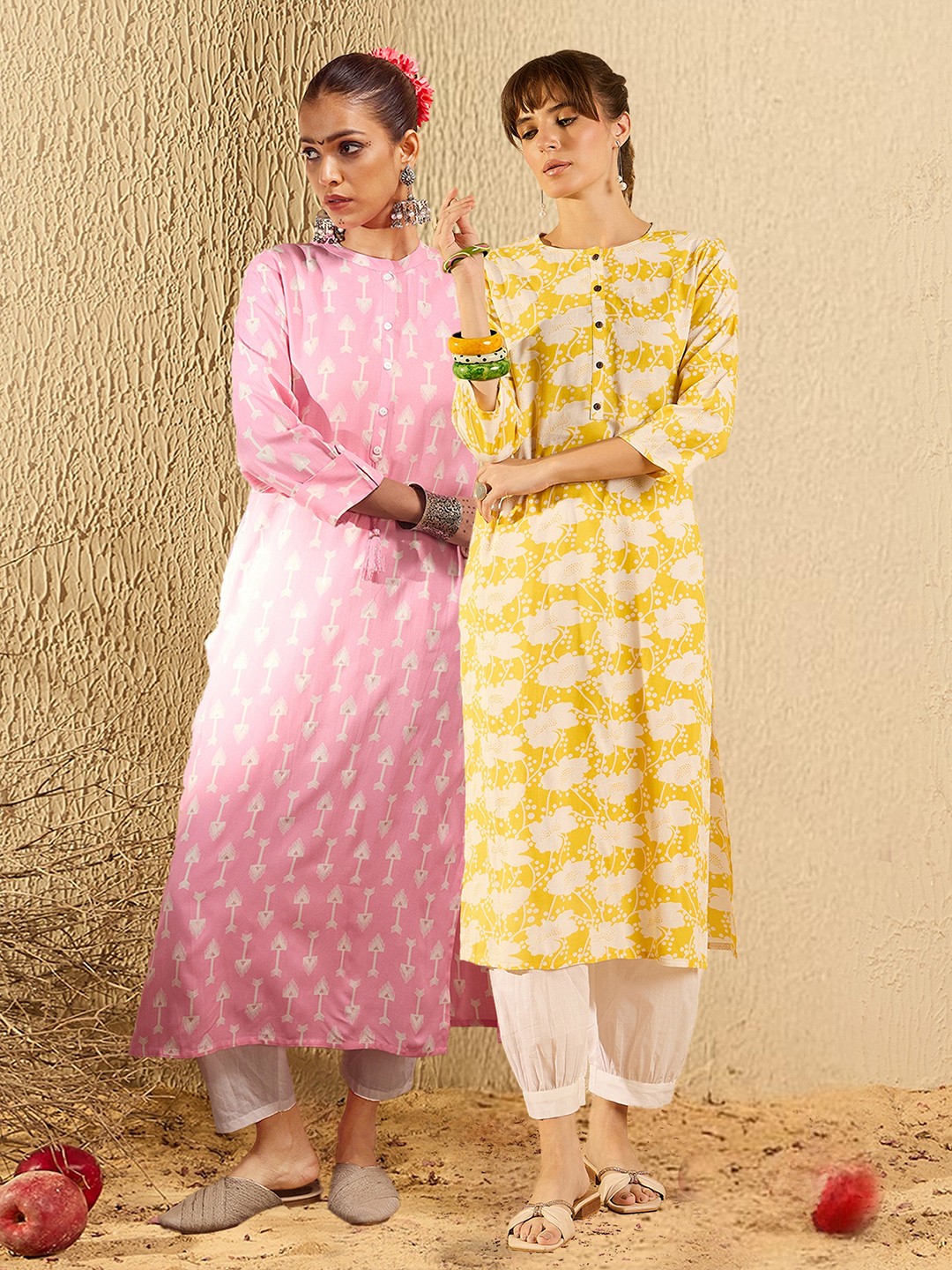 

Indo Era Pack of 2 Ethnic Motifs Printed Pastels Straight Kurta, Pink